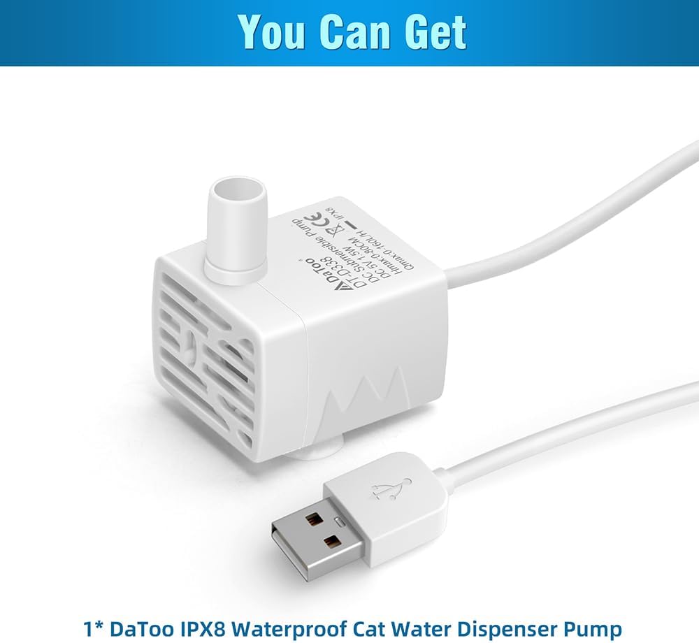 DaToo Cat Water Fountain Pump Ultra-Quiet USB 5V Submersible Pet Drinking Fountain Replacement Pump IPX8 Waterproof Cat Water Dispenser Pump