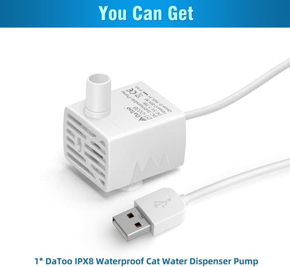 DaToo Cat Water Fountain Pump Ultra-Quiet USB 5V Submersible Pet Drinking Fountain Replacement Pump IPX8 Waterproof Cat Water Dispenser Pump