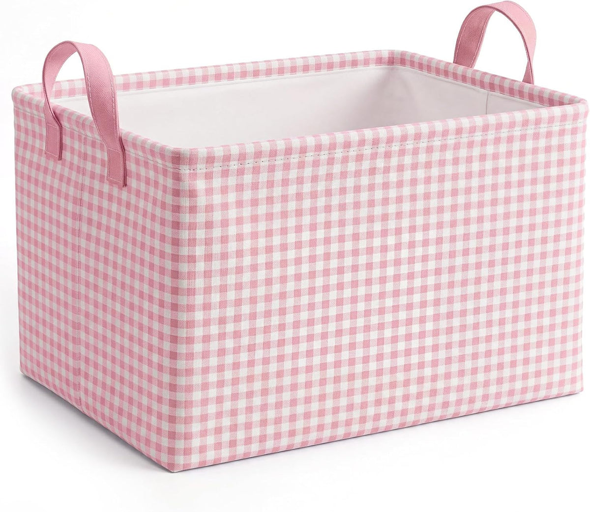 Pink Gingham Basket Checkered Storage Collapsible Bin with Handles