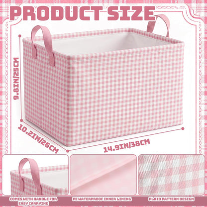 Pink Gingham Basket Checkered Storage Collapsible Bin with Handles