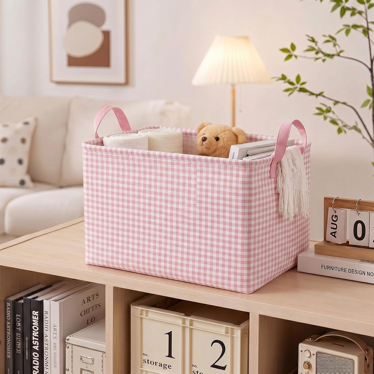 Pink Gingham Basket Checkered Storage Collapsible Bin with Handles