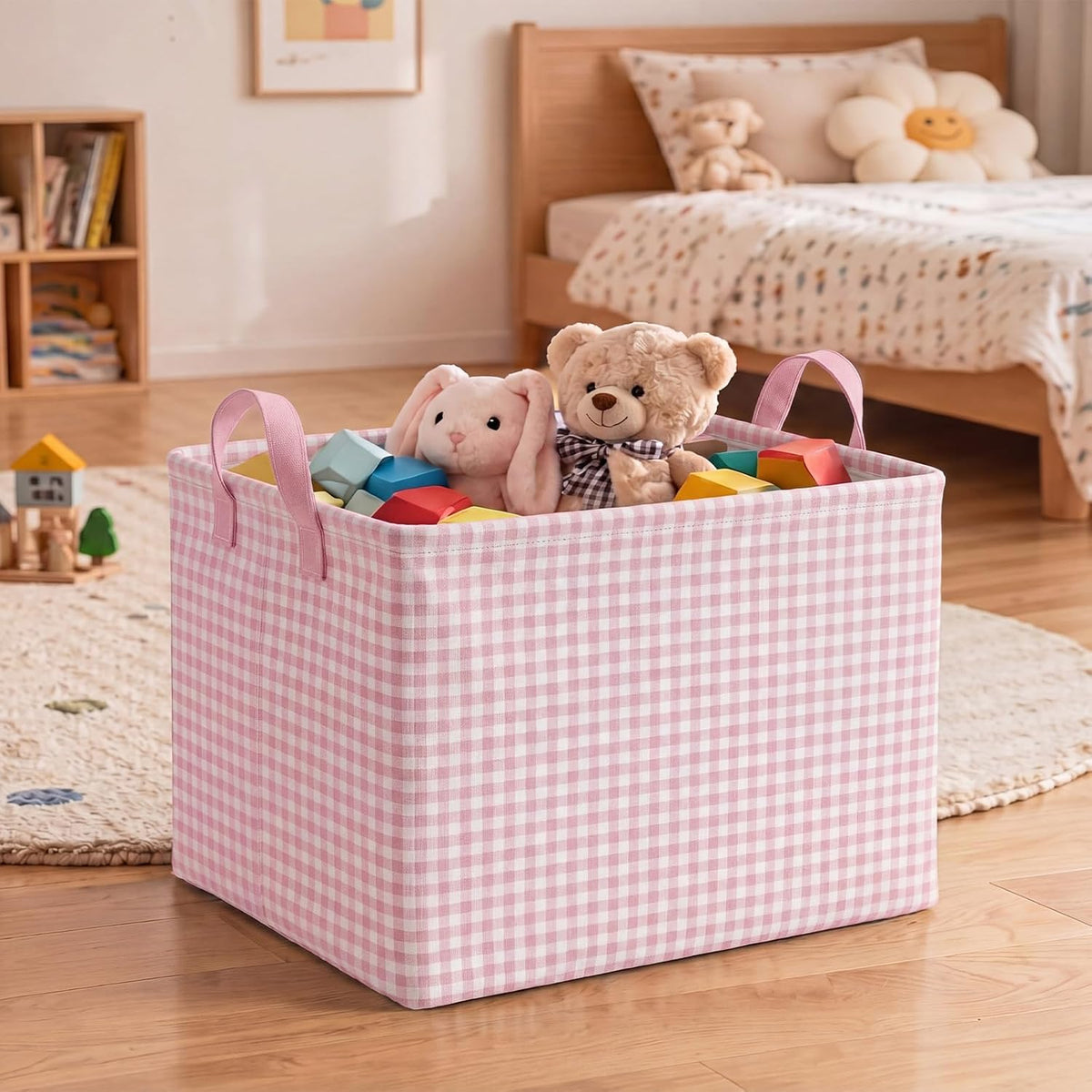 Pink Gingham Basket Checkered Storage Collapsible Bin with Handles