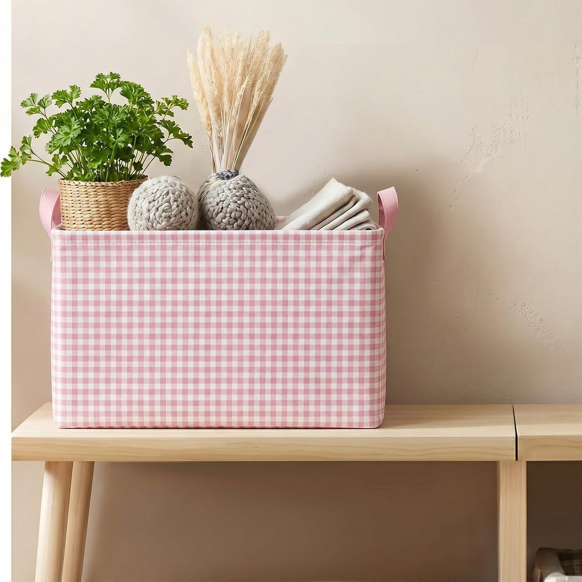 Pink Gingham Basket Checkered Storage Collapsible Bin with Handles
