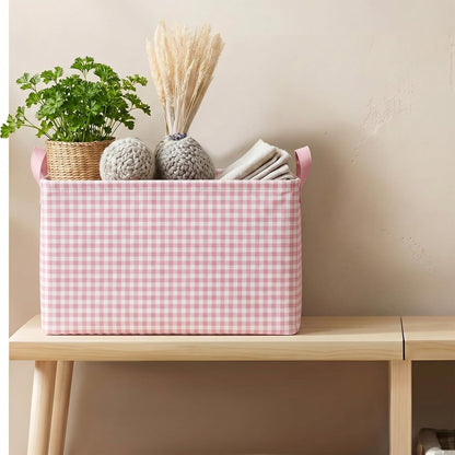 Pink Gingham Basket Checkered Storage Collapsible Bin with Handles