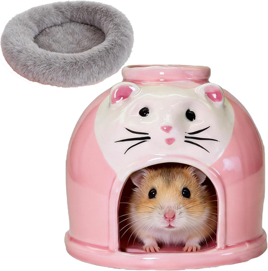 Ceramic Hamster Hideout Syrian Hamster House and Habitat Gerbil Hideaway Cooling Cave for Rat Mice Cage Decor Accessories (Pink)
