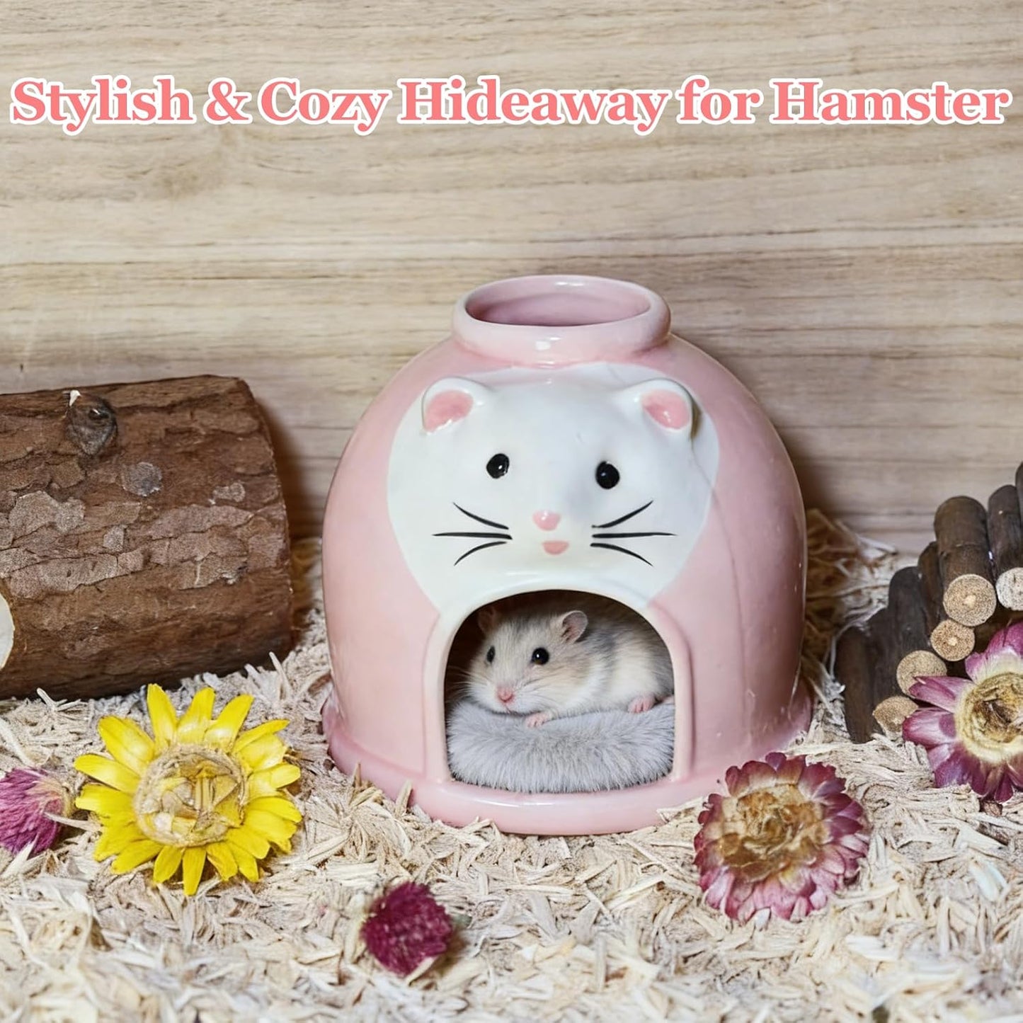 Ceramic Hamster Hideout Syrian Hamster House and Habitat Gerbil Hideaway Cooling Cave for Rat Mice Cage Decor Accessories (Pink)