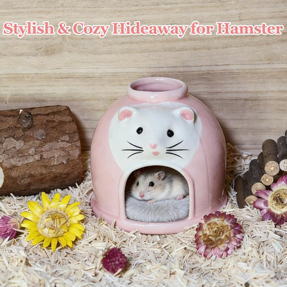 Ceramic Hamster Hideout Syrian Hamster House and Habitat Gerbil Hideaway Cooling Cave for Rat Mice Cage Decor Accessories (Pink)