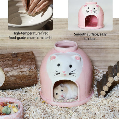 Ceramic Hamster Hideout Syrian Hamster House and Habitat Gerbil Hideaway Cooling Cave for Rat Mice Cage Decor Accessories (Pink)