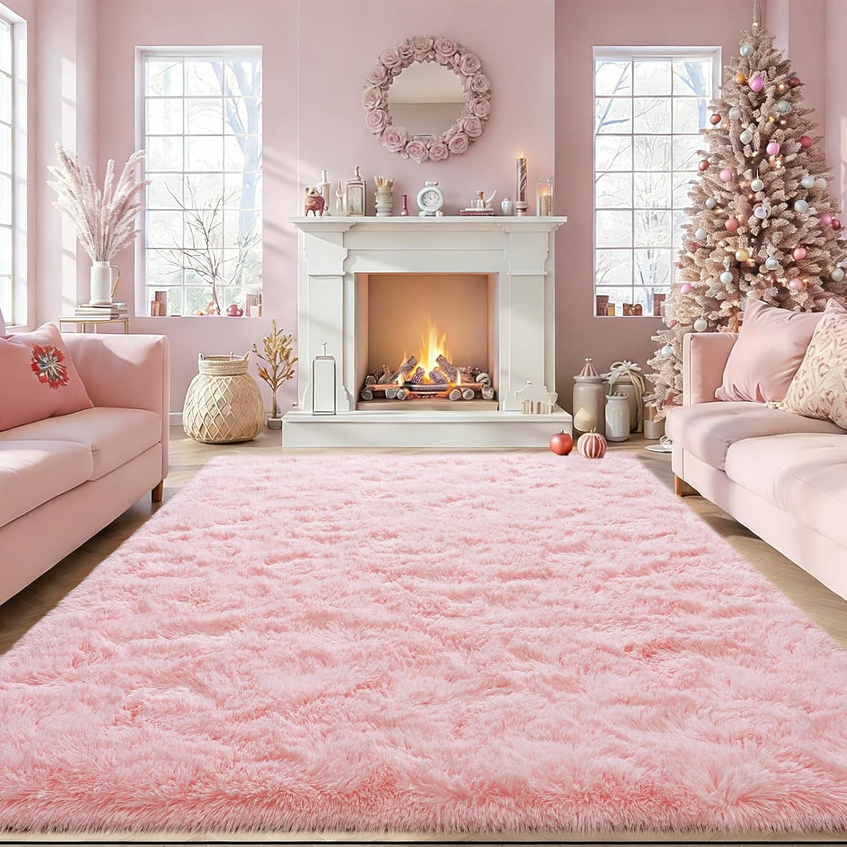 Ultra Soft Pink Rugs for Bedroom 8x10 Feet, Fluffy Shag Area Rugs for Living Room, Large Comfy Furry Rug for Girls Kids Baby Room Decor Teenage Pastel Princess Rug, Non Slip。