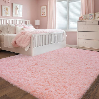 Ultra Soft Pink Rugs for Bedroom 8x10 Feet, Fluffy Shag Area Rugs for Living Room, Large Comfy Furry Rug for Girls Kids Baby Room Decor Teenage Pastel Princess Rug, Non Slip。