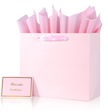 Elegant Pink Gift Bag 11.8"x4.5"x9.8" with Ribbon Handles, Includes Card and Tissue Papers, Perfect for Birthdays, Weddings, Parties, Holidays, Baby Shower