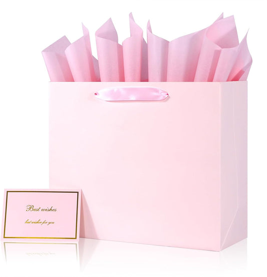 Elegant Pink Gift Bag 11.8"x4.5"x9.8" with Ribbon Handles, Includes Card and Tissue Papers, Perfect for Birthdays, Weddings, Parties, Holidays, Baby Shower