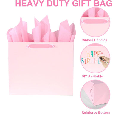 Elegant Pink Gift Bag 11.8"x4.5"x9.8" with Ribbon Handles, Includes Card and Tissue Papers, Perfect for Birthdays, Weddings, Parties, Holidays, Baby Shower