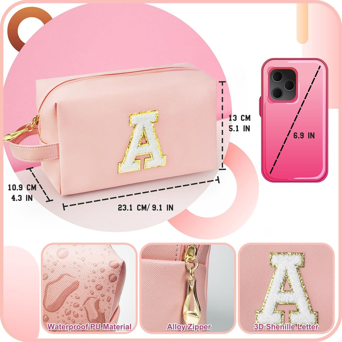 Personalized Initial Makeup Bag with Handle, Preppy Cosmetic Bag with Inner Zipper Pocket, 8 9 10 11 12 13 14 Years Old Girl, Graduation Gifts for Teen Girls Women Teachers (A, Pink)