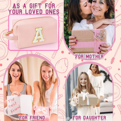 Personalized Initial Makeup Bag with Handle, Preppy Cosmetic Bag with Inner Zipper Pocket, 8 9 10 11 12 13 14 Years Old Girl, Graduation Gifts for Teen Girls Women Teachers (A, Pink)
