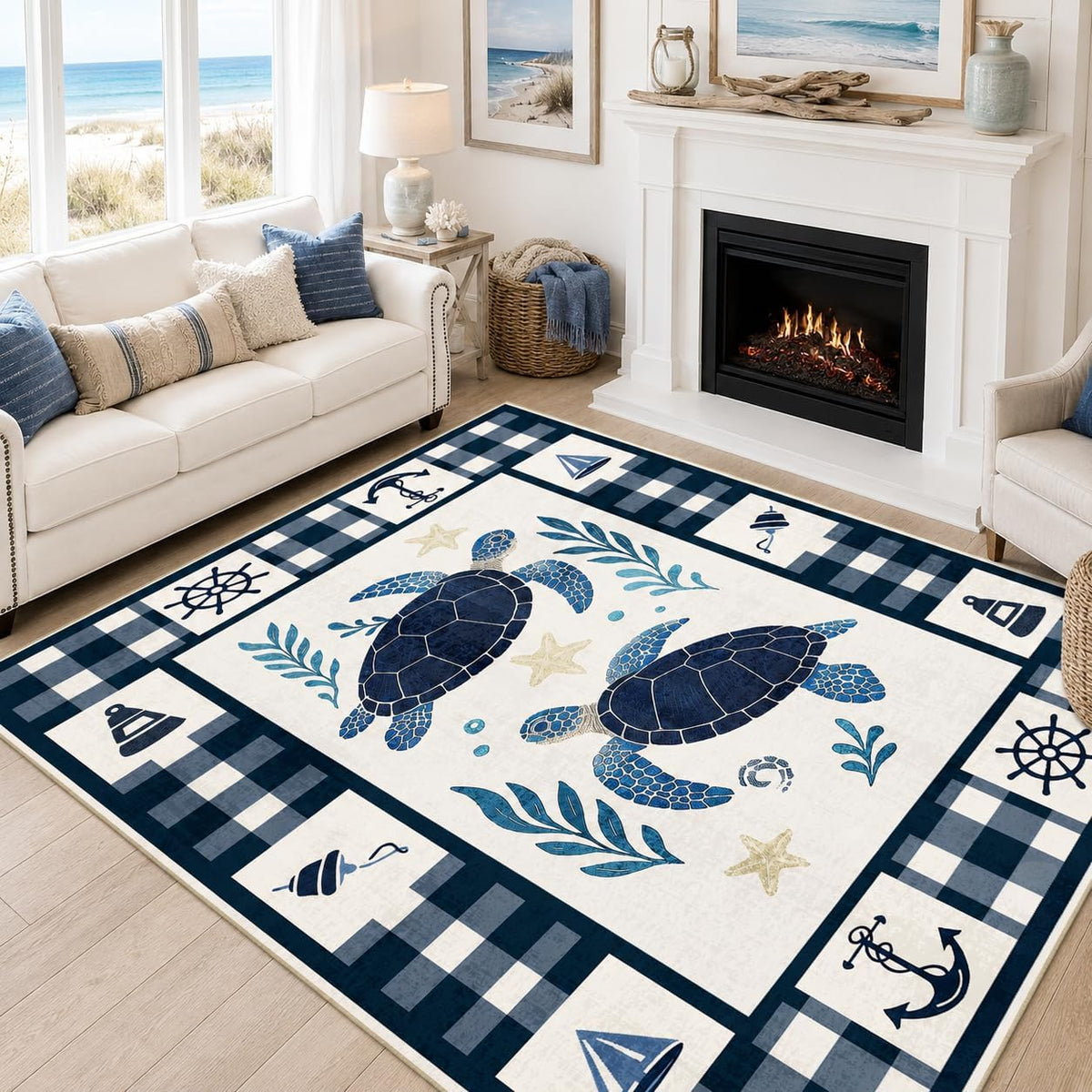 Coastal 5x7 Area Rug Nautical Sea Turtle Rugs Machine Washable