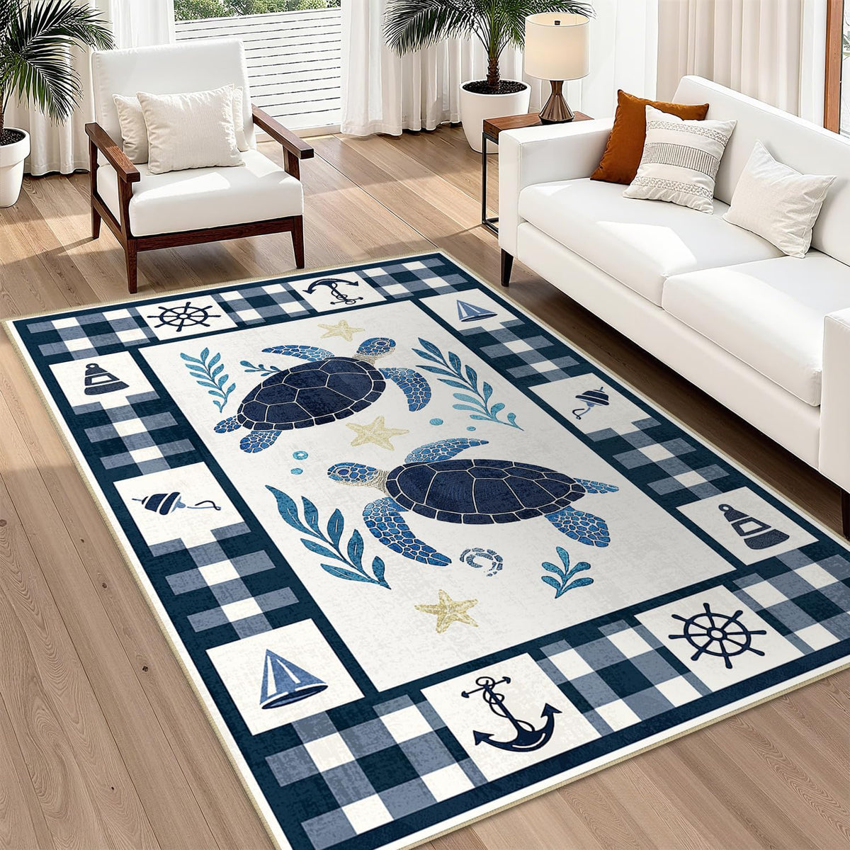Coastal 5x7 Area Rug Nautical Sea Turtle Rugs Machine Washable
