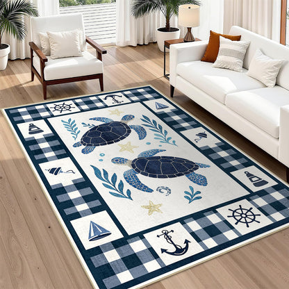 Coastal 5x7 Area Rug Nautical Sea Turtle Rugs Machine Washable
