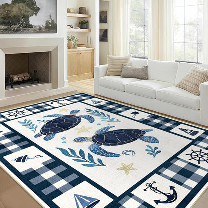 Coastal 5x7 Area Rug Nautical Sea Turtle Rugs Machine Washable