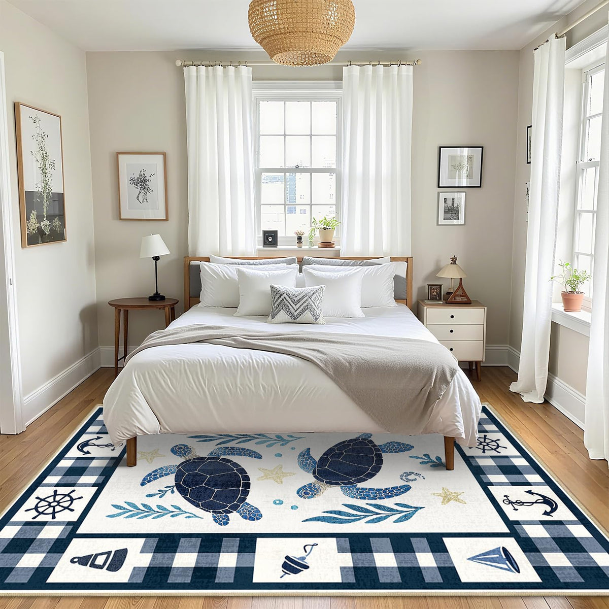 Coastal 5x7 Area Rug Nautical Sea Turtle Rugs Machine Washable