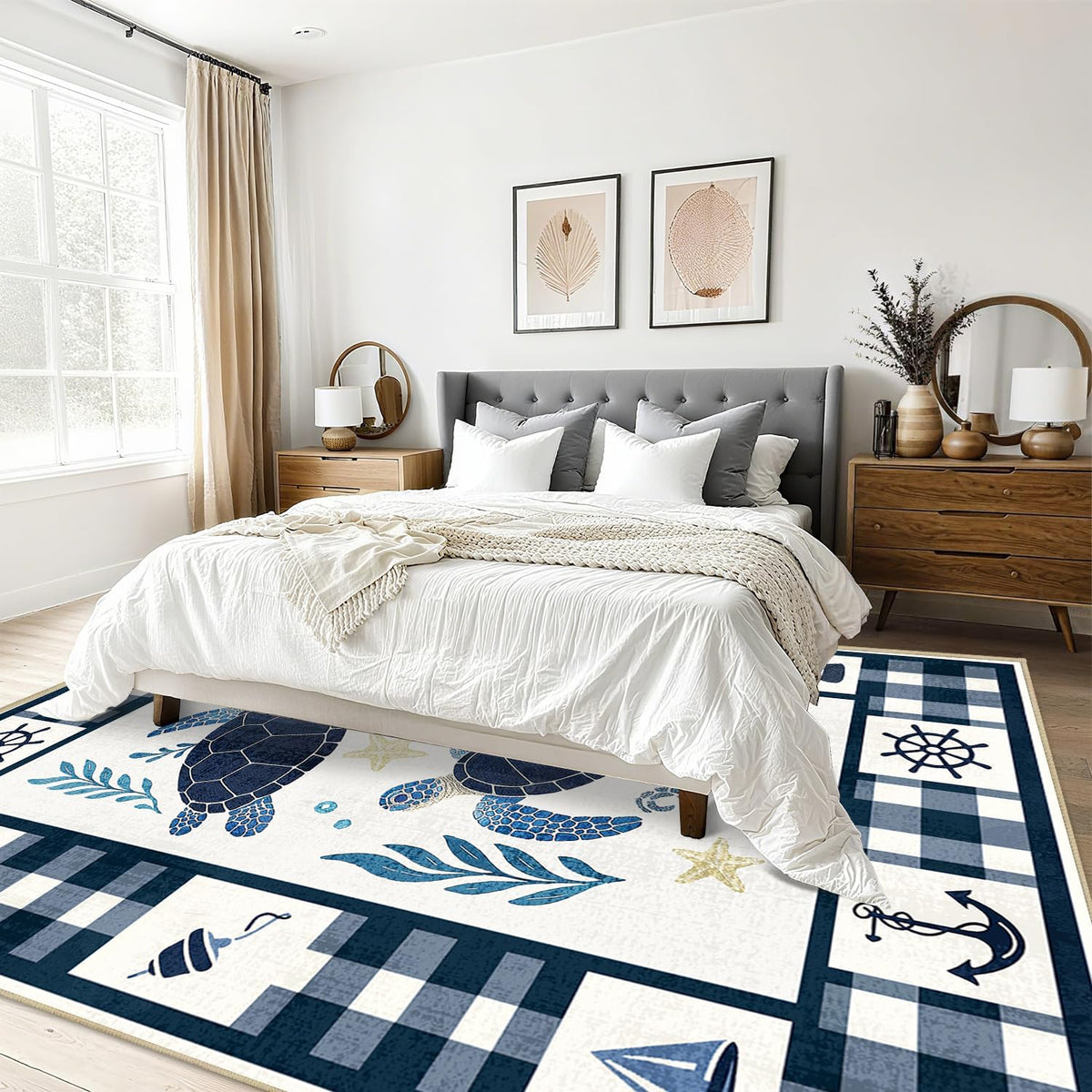 Coastal 5x7 Area Rug Nautical Sea Turtle Rugs Machine Washable