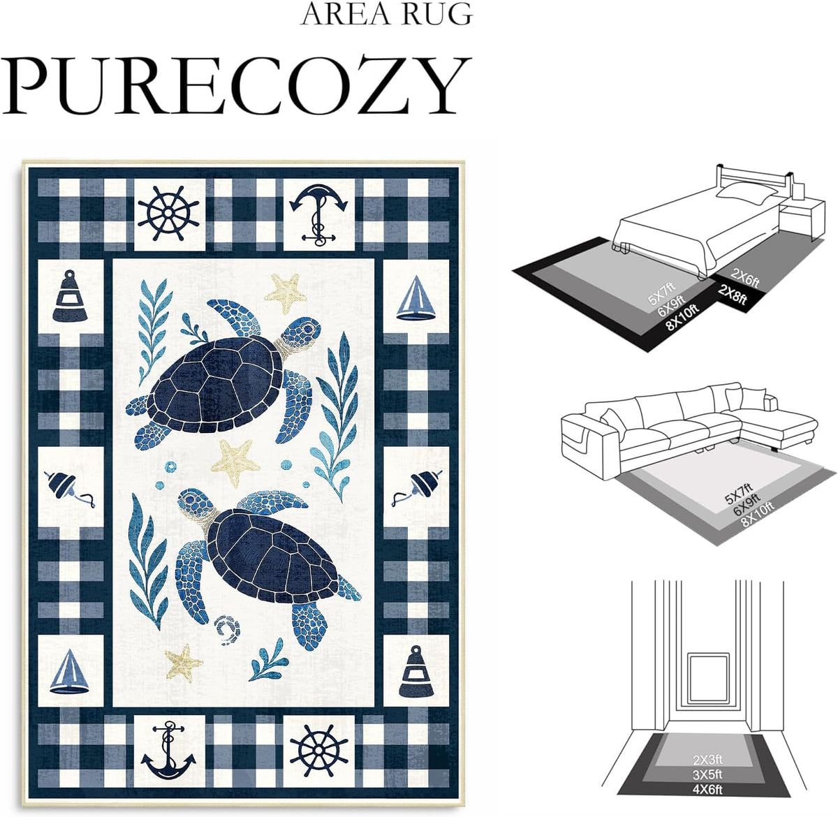 Coastal 5x7 Area Rug Nautical Sea Turtle Rugs Machine Washable