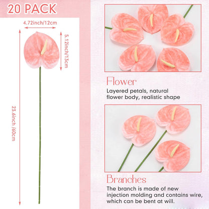 20 Pcs Artificial Anthurium Flowers 23.6 Inch, Pink