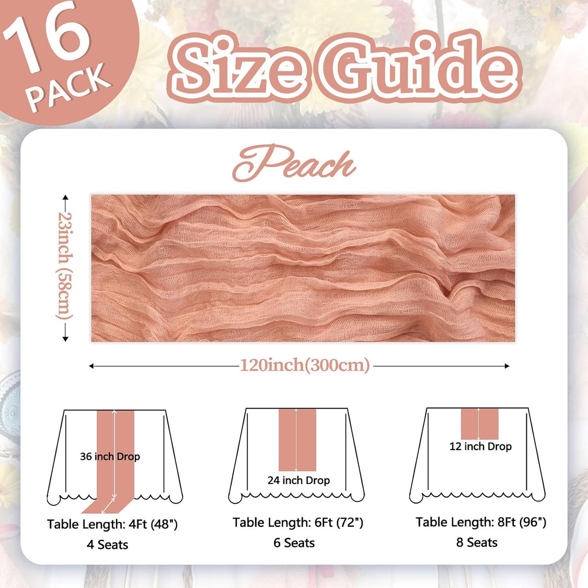 16 Pack Peach Cheesecloth Table Runner 23 x 120 Inch 10Ft