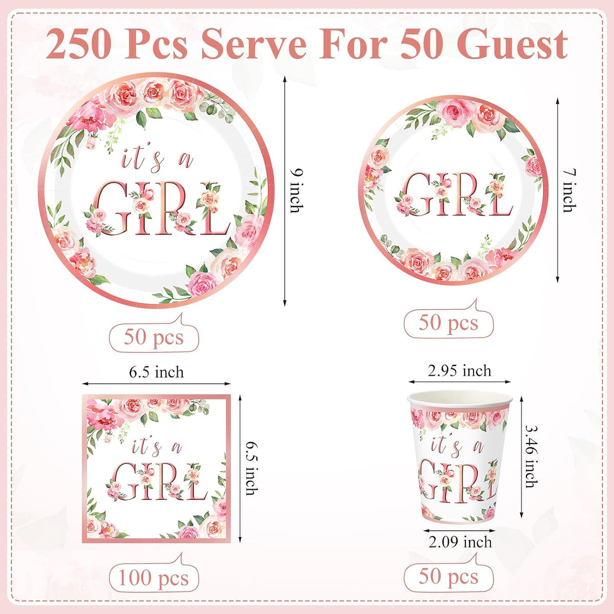 250 Pcs It's a Girl Baby Shower Decoration for Girl Serves 50
