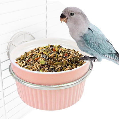 Bird Cage Feeder Parrot Food Cage Bowl Clamp Holder Coop Cup, Ceramic Bird Cage Water Bowl, Pet Feeder Cage for Parakeet African Greys Conure Cockatiels Lovebird Budgie Chinchilla-Pink