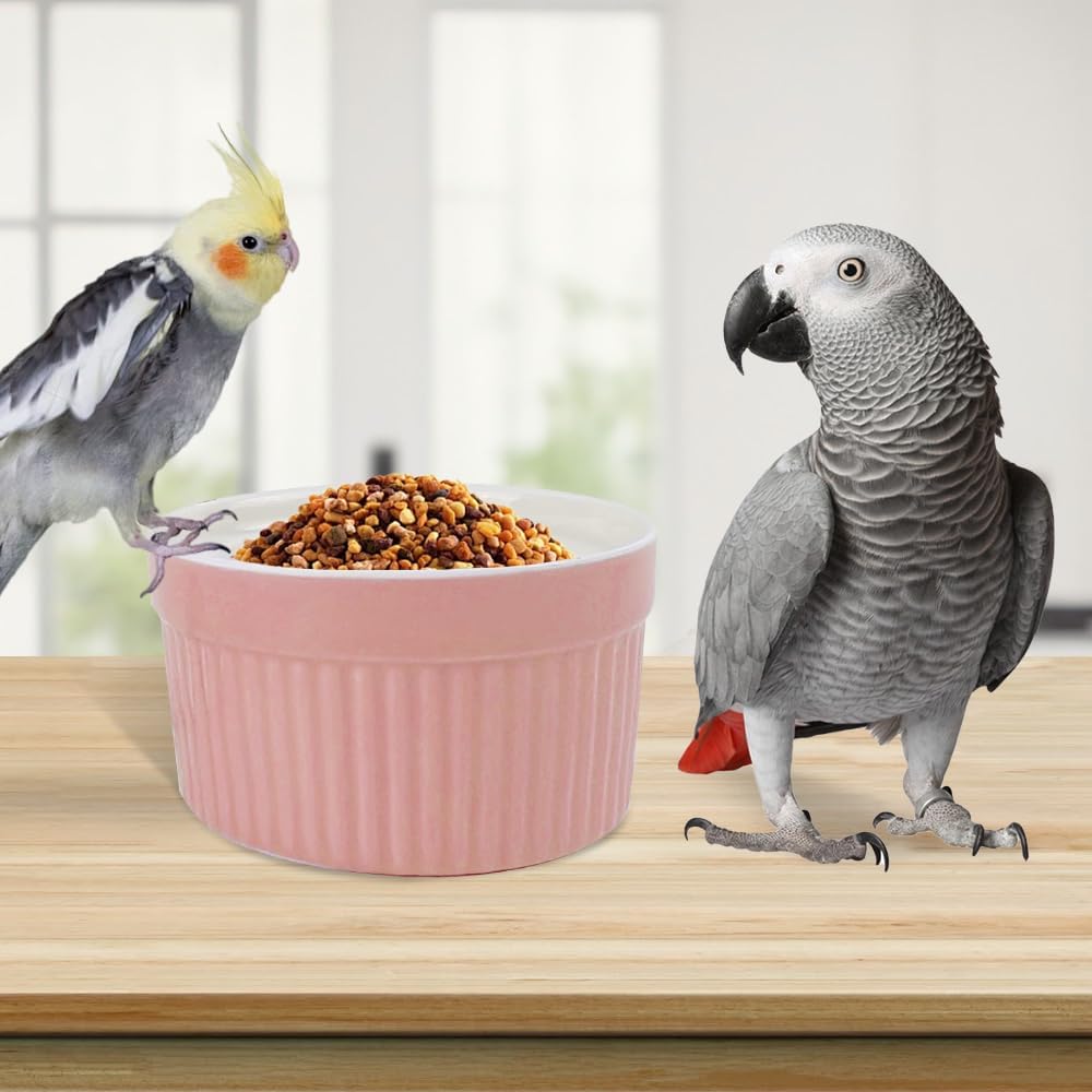 Bird Cage Feeder Parrot Food Cage Bowl Clamp Holder Coop Cup, Ceramic Bird Cage Water Bowl, Pet Feeder Cage for Parakeet African Greys Conure Cockatiels Lovebird Budgie Chinchilla-Pink