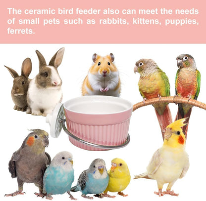 Bird Cage Feeder Parrot Food Cage Bowl Clamp Holder Coop Cup, Ceramic Bird Cage Water Bowl, Pet Feeder Cage for Parakeet African Greys Conure Cockatiels Lovebird Budgie Chinchilla-Pink