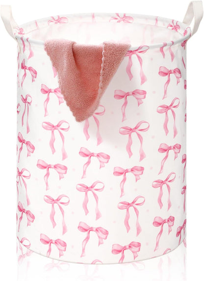 1 Pcs Coquette Pink Bow Laundry Basket Pink Bow Nursery Laundry Basket Hamper Waterproof Collapsible Storage Bin Organizer for Bedroom Bathroom Room Dorm Clothes Toys