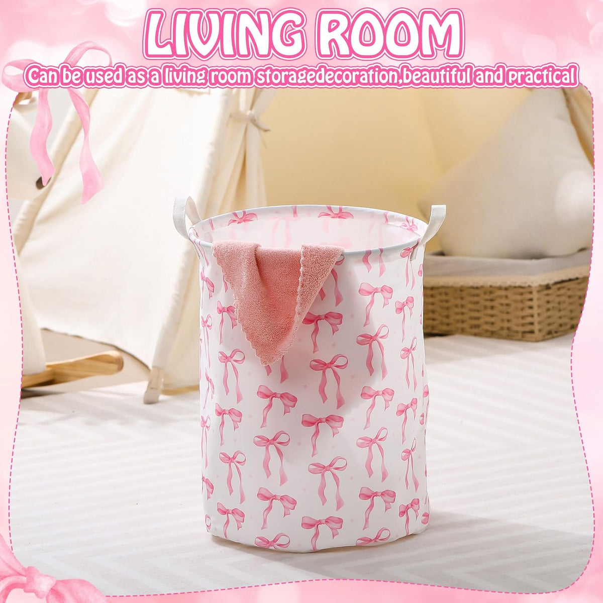 1 Pcs Coquette Pink Bow Laundry Basket Pink Bow Nursery Laundry Basket Hamper Waterproof Collapsible Storage Bin Organizer for Bedroom Bathroom Room Dorm Clothes Toys