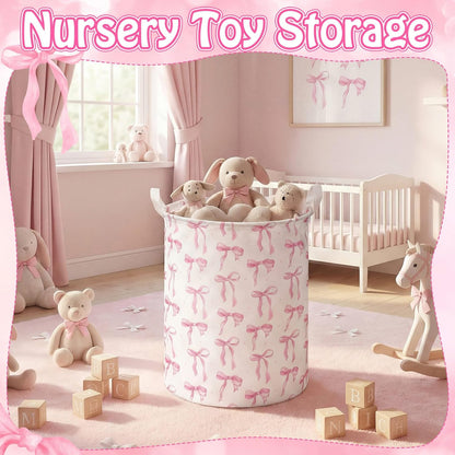 1 Pcs Coquette Pink Bow Laundry Basket Pink Bow Nursery Laundry Basket Hamper Waterproof Collapsible Storage Bin Organizer for Bedroom Bathroom Room Dorm Clothes Toys