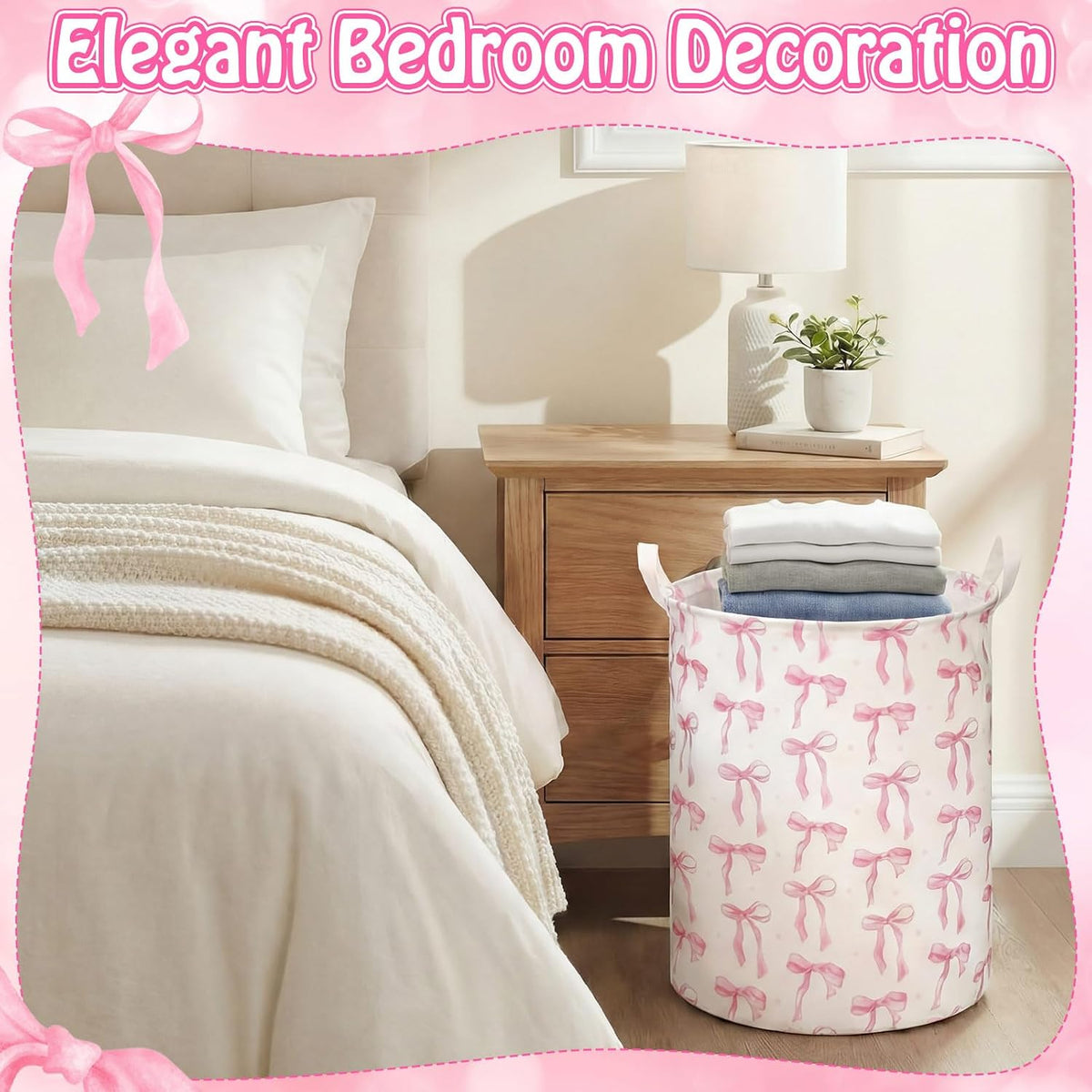 1 Pcs Coquette Pink Bow Laundry Basket Pink Bow Nursery Laundry Basket Hamper Waterproof Collapsible Storage Bin Organizer for Bedroom Bathroom Room Dorm Clothes Toys