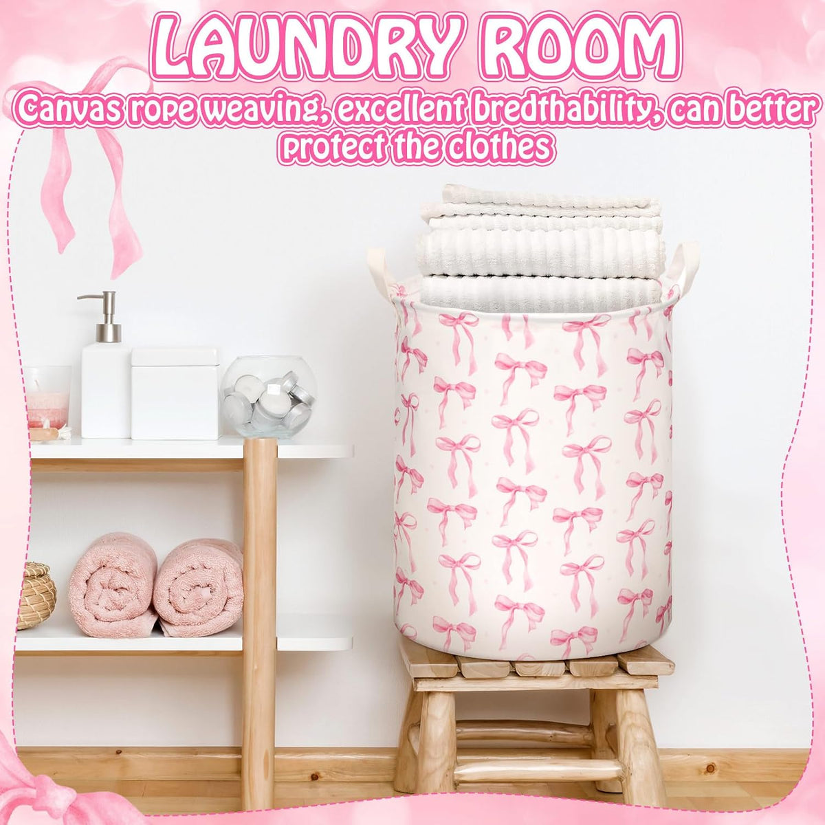 1 Pcs Coquette Pink Bow Laundry Basket Pink Bow Nursery Laundry Basket Hamper Waterproof Collapsible Storage Bin Organizer for Bedroom Bathroom Room Dorm Clothes Toys