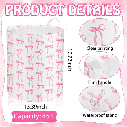 1 Pcs Coquette Pink Bow Laundry Basket Pink Bow Nursery Laundry Basket Hamper Waterproof Collapsible Storage Bin Organizer for Bedroom Bathroom Room Dorm Clothes Toys