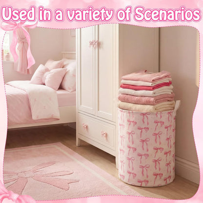 1 Pcs Coquette Pink Bow Laundry Basket Pink Bow Nursery Laundry Basket Hamper Waterproof Collapsible Storage Bin Organizer for Bedroom Bathroom Room Dorm Clothes Toys