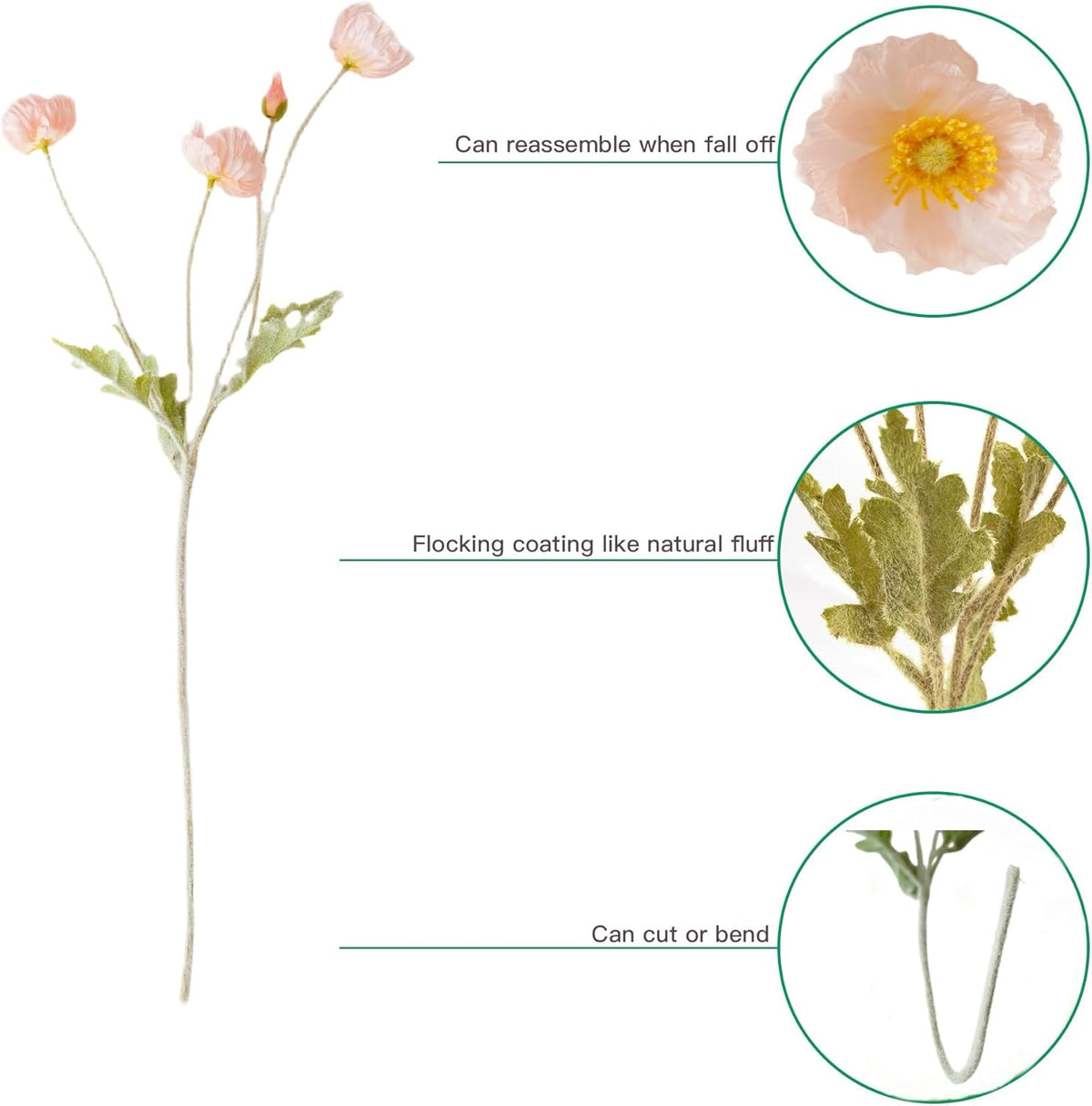 Artificial Poppy Flowers, 5 Bundles Faux Poppies with Stems for Floral Arrangements - Wedding, Home, Office, Party Table Centerpiece Decor (Light Peach)
