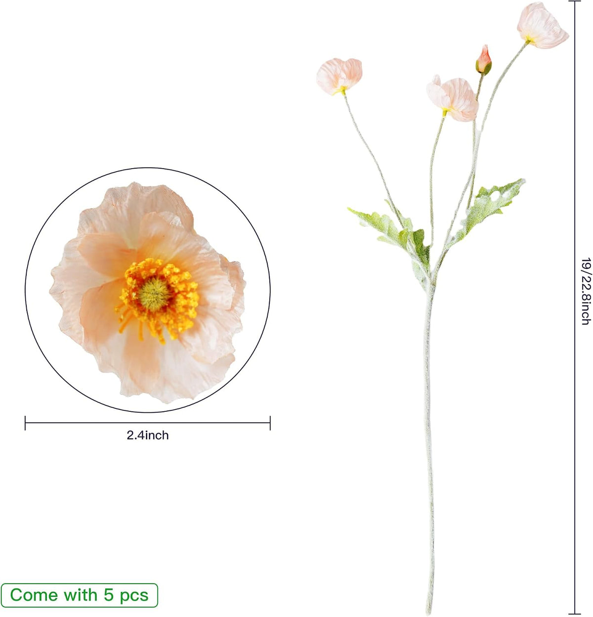 Artificial Poppy Flowers, 5 Bundles Faux Poppies with Stems for Floral Arrangements - Wedding, Home, Office, Party Table Centerpiece Decor (Light Peach)