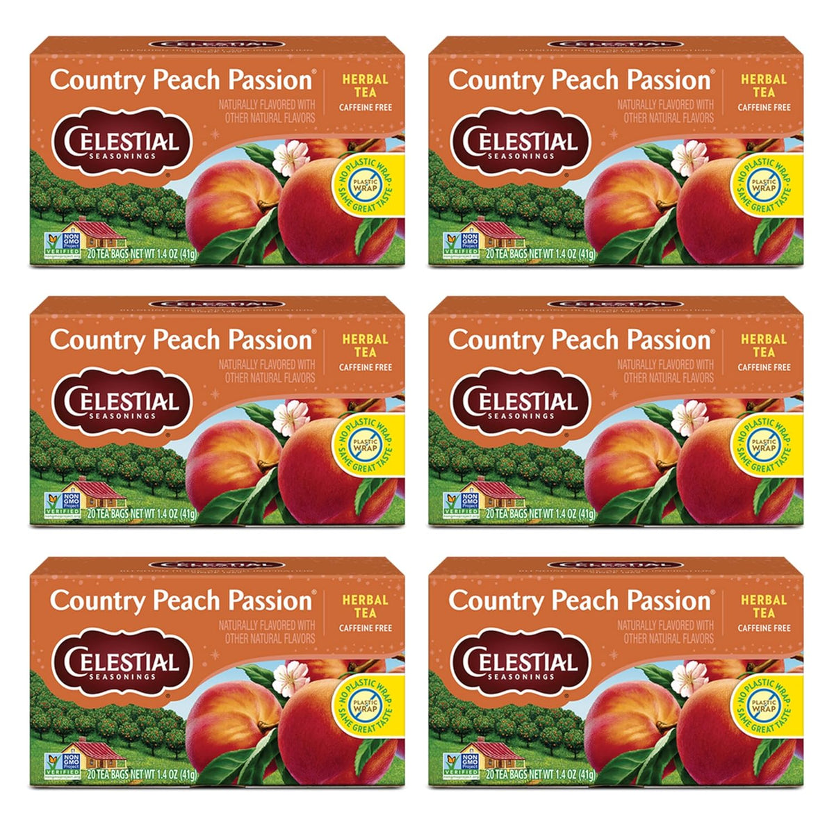 Country Peach Passion Herbal Tea, Caffeine Free, 20 Tea Bags Box (Pack of 6)