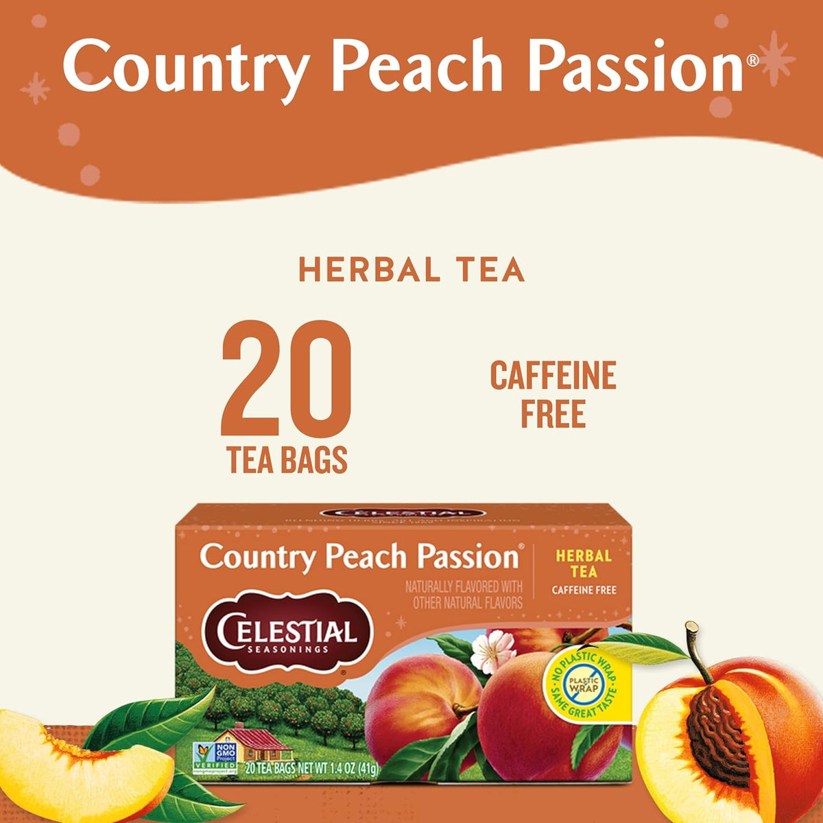 Country Peach Passion Herbal Tea, Caffeine Free, 20 Tea Bags Box (Pack of 6)