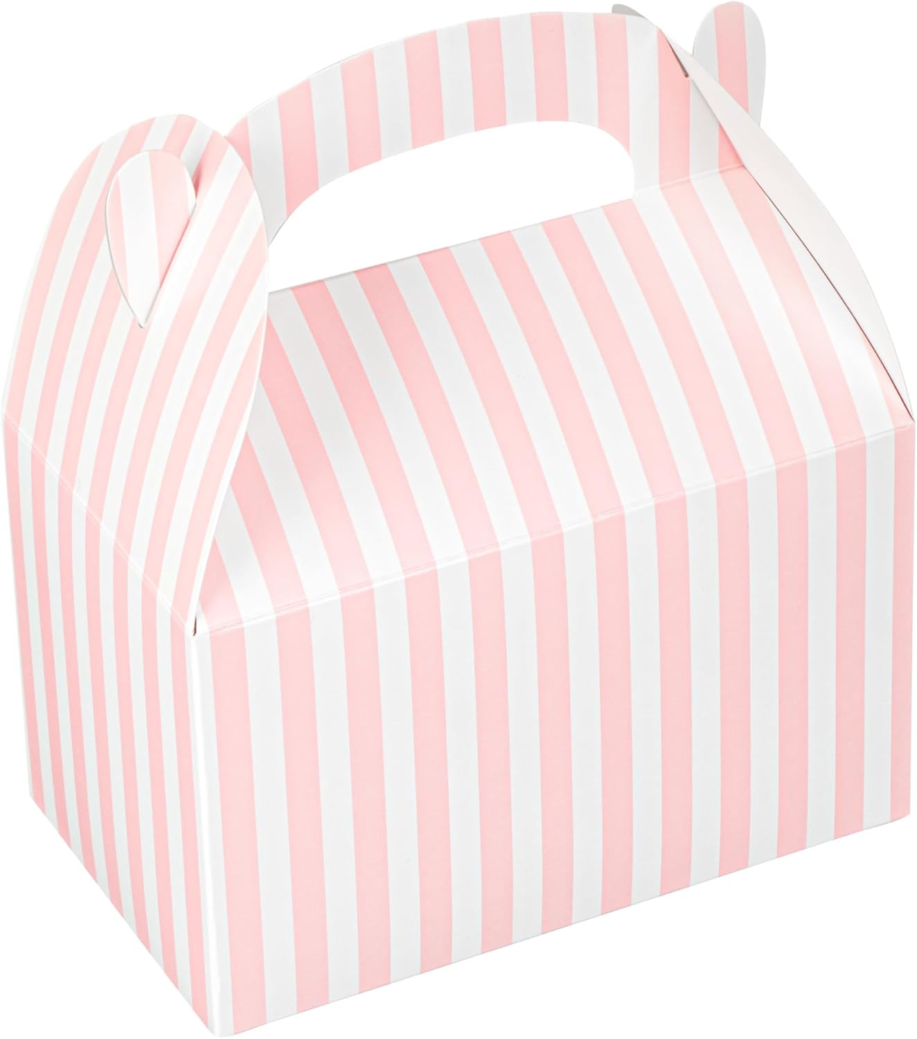 Bio Tek 6 x 3.5 x 3.5 Inch Gable Boxes For Party Favors, 25 Attractive Gift Boxes - Striped Design, With Built-In Handle, Pink And White Paper Barn Boxes, Disposable, For Parties