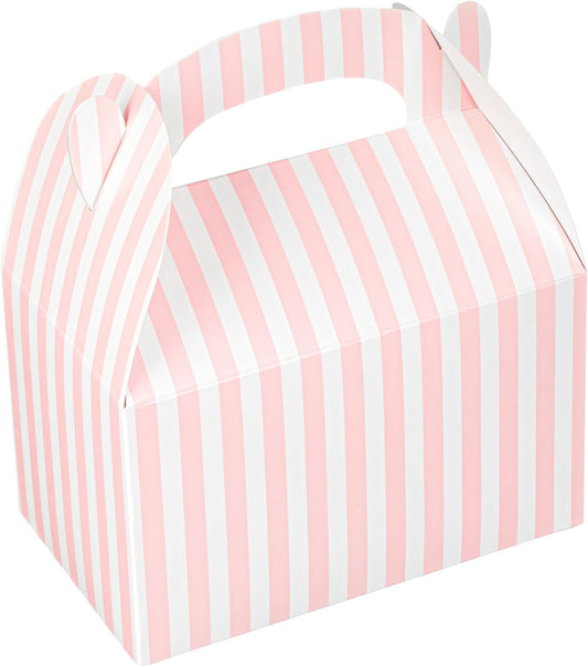 Bio Tek 6 x 3.5 x 3.5 Inch Gable Boxes For Party Favors, 25 Attractive Gift Boxes - Striped Design, With Built-In Handle, Pink And White Paper Barn Boxes, Disposable, For Parties