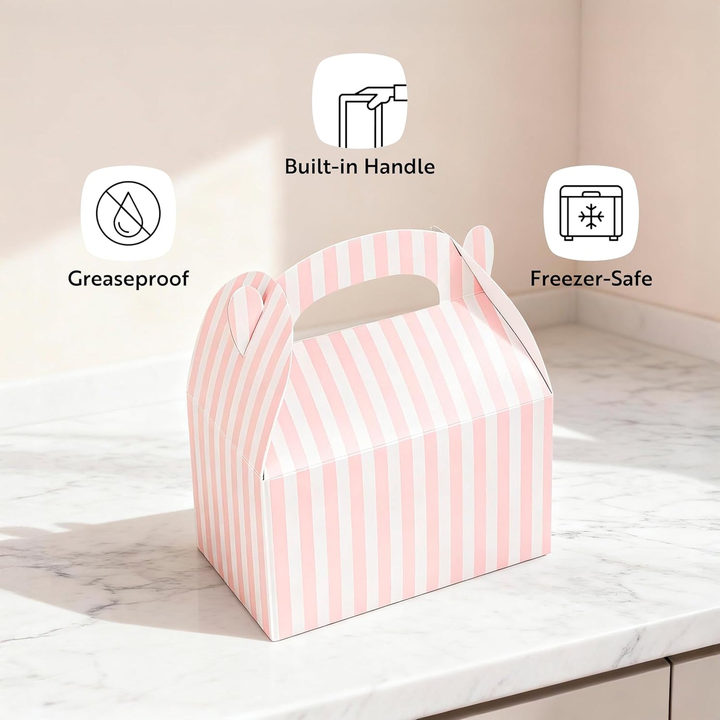 Bio Tek 6 x 3.5 x 3.5 Inch Gable Boxes For Party Favors, 25 Attractive Gift Boxes - Striped Design, With Built-In Handle, Pink And White Paper Barn Boxes, Disposable, For Parties