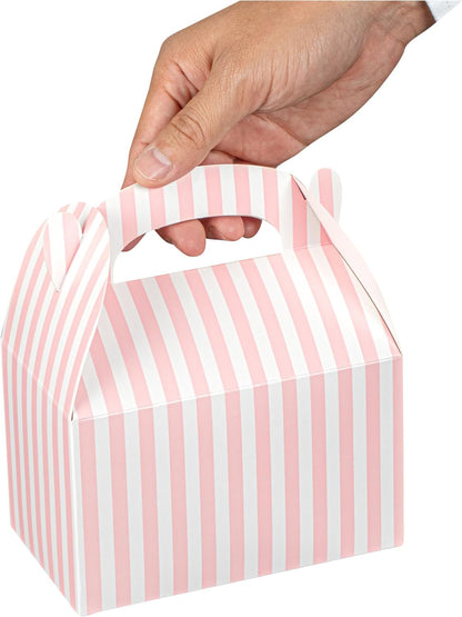 Bio Tek 6 x 3.5 x 3.5 Inch Gable Boxes For Party Favors, 25 Attractive Gift Boxes - Striped Design, With Built-In Handle, Pink And White Paper Barn Boxes, Disposable, For Parties