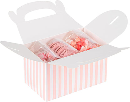 Bio Tek 6 x 3.5 x 3.5 Inch Gable Boxes For Party Favors, 25 Attractive Gift Boxes - Striped Design, With Built-In Handle, Pink And White Paper Barn Boxes, Disposable, For Parties