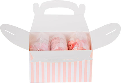 Bio Tek 6 x 3.5 x 3.5 Inch Gable Boxes For Party Favors, 25 Attractive Gift Boxes - Striped Design, With Built-In Handle, Pink And White Paper Barn Boxes, Disposable, For Parties
