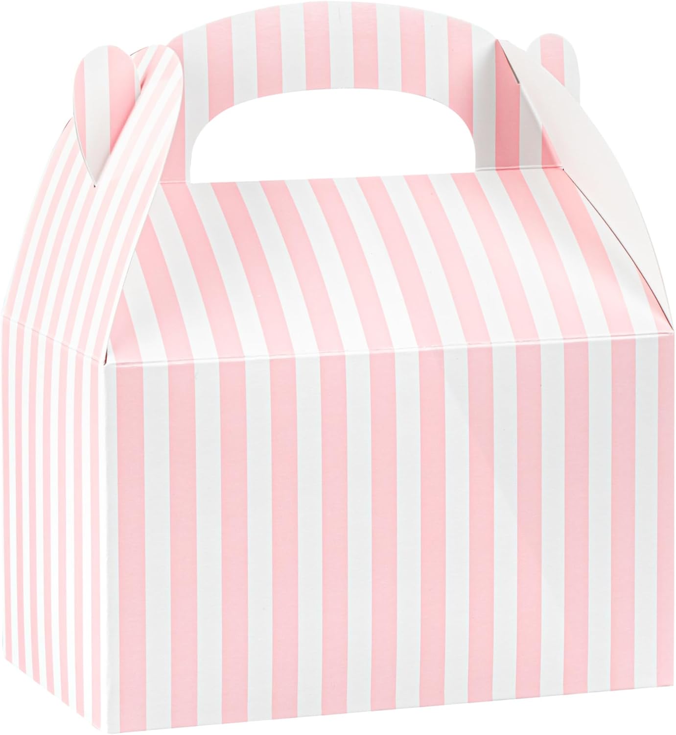 Bio Tek 6 x 3.5 x 3.5 Inch Gable Boxes For Party Favors, 25 Attractive Gift Boxes - Striped Design, With Built-In Handle, Pink And White Paper Barn Boxes, Disposable, For Parties